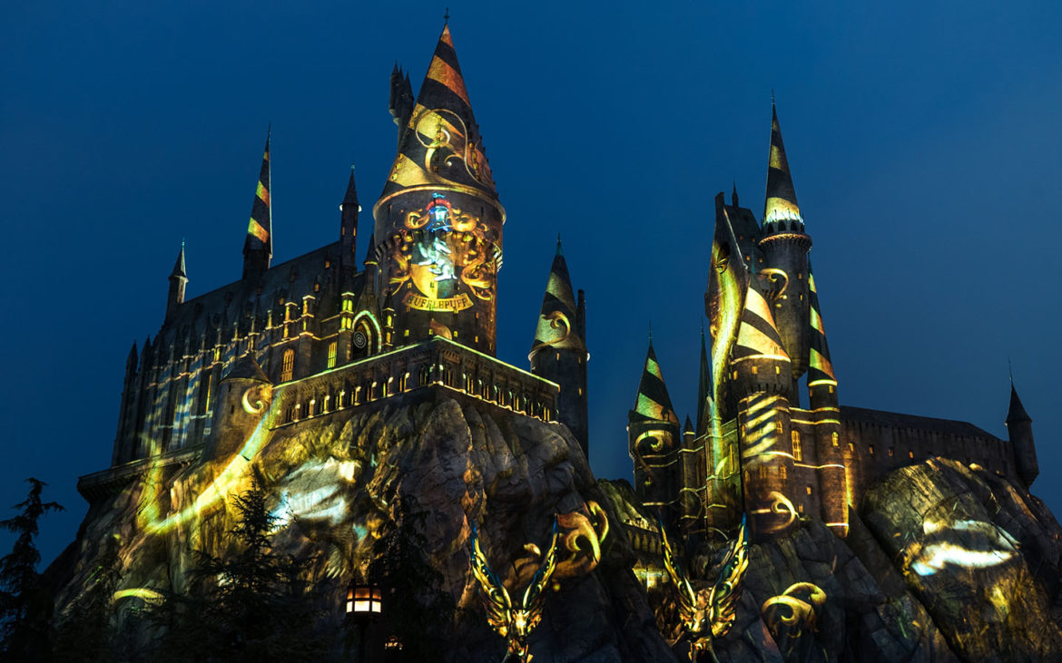 The Nighttime Lights at Hogwarts Castle - Hufflepuff House